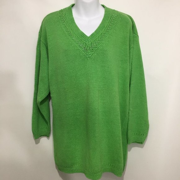 Venezia Sweaters - Venezia 14/16 Apple Green V-Neck Ramie Cotton Pullover Sweater 3/4 Sleeves